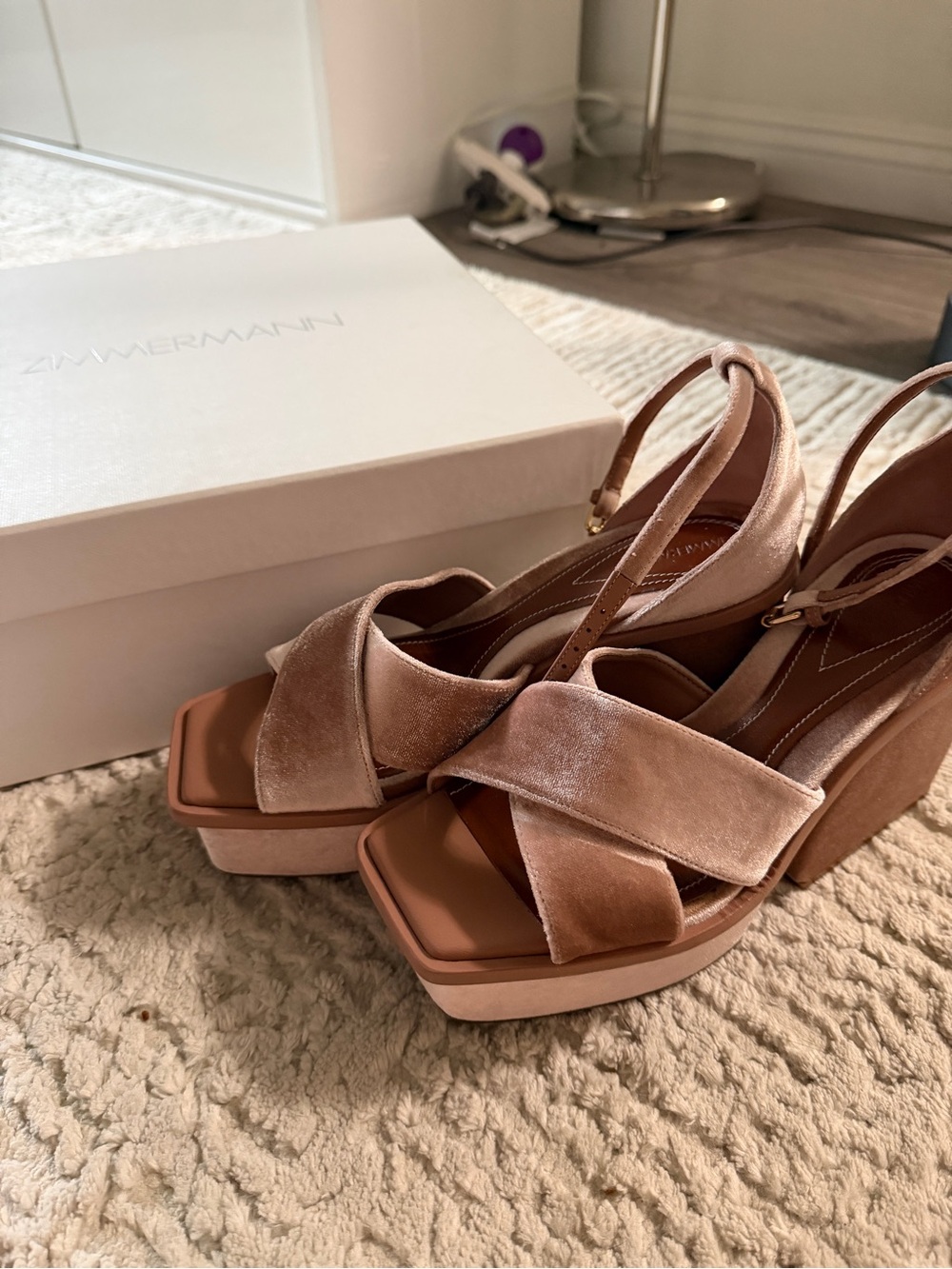 Zimmermann Blush Velvet Platform Wedge Sandals